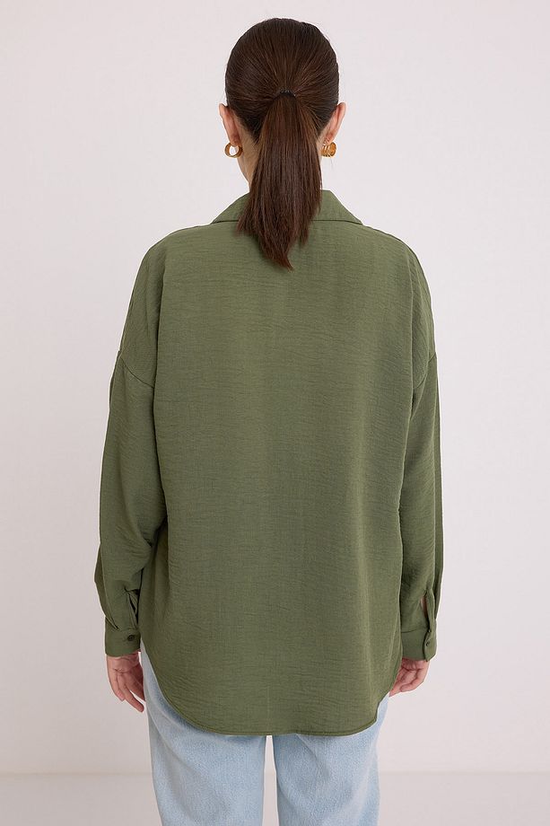 20153 Tek Cepli Oversize Keten Gömlek - Haki - 6