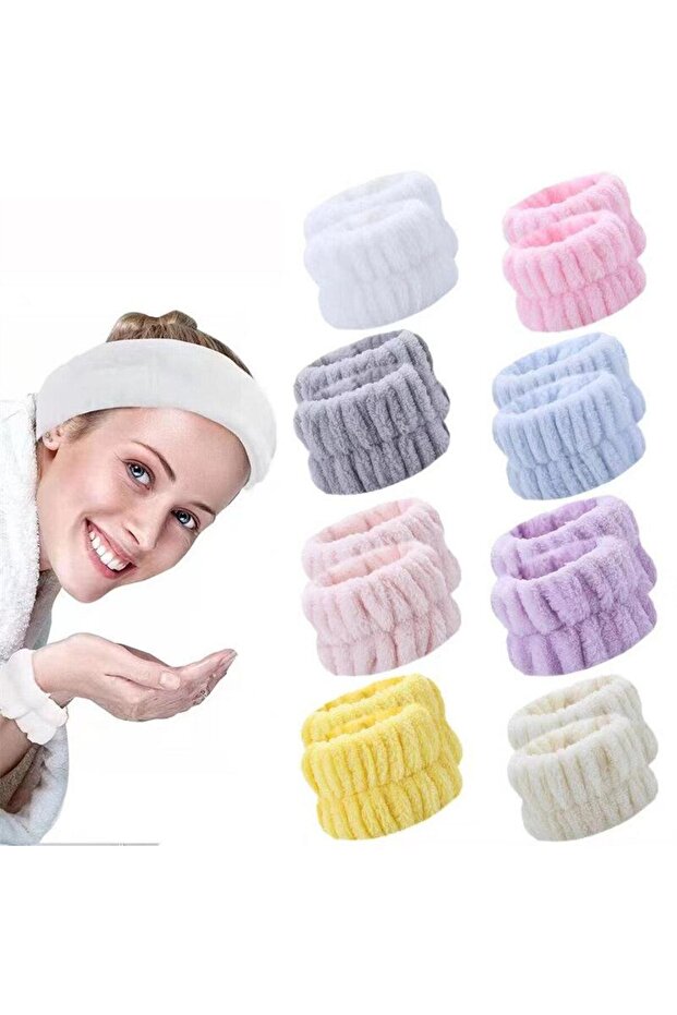 Sade Beyaz Ekstra Soft Banyo Spa Seti 1 Adet Elastik Saç Bandanası 2 Adet Yıkama Bilekliği - 5