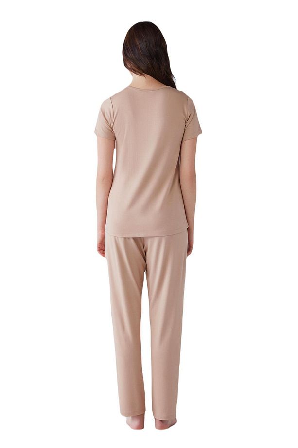 Kadın Yumuşak Dokulu Vizon Pijama Takımı - 2