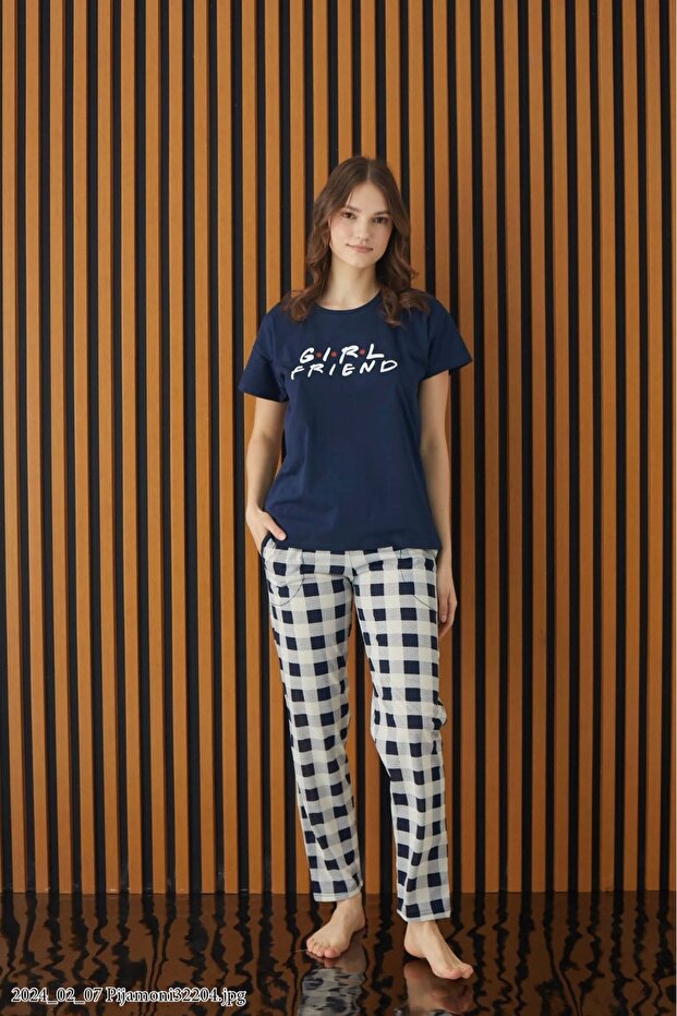PIJAMONI Single Jersey FABRIC CHECKERED BOTTOM SHORT-SLEEVED WOMEN'S PAJAMA SET -6610-5