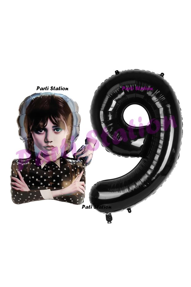 Wednesday 9th Birthday Party Set with Balloons and Black Number Balloons, Wednesday Addams Balloons