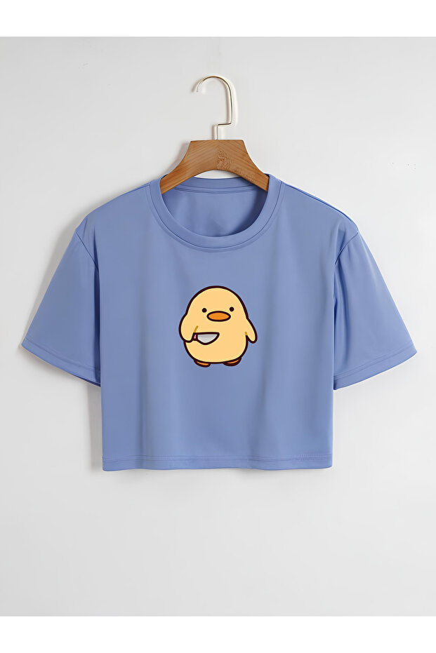 Women's Cute Chick Oversize Crew Neck Printed Crop T-shirt