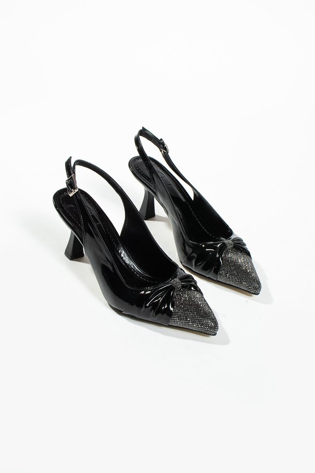 Gemma Women's Black Patent Leather Stone Detailed Ankle Strap Heeled Shoes