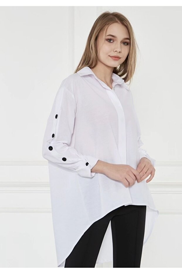 Kolları Düğmeli Beyaz Gömlek - 1