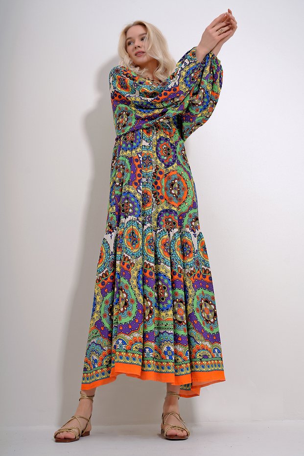 Women's Orange V-Neck Skirt Flounced Balloon Sleeve Patterned Woven Dress ALC-X12016