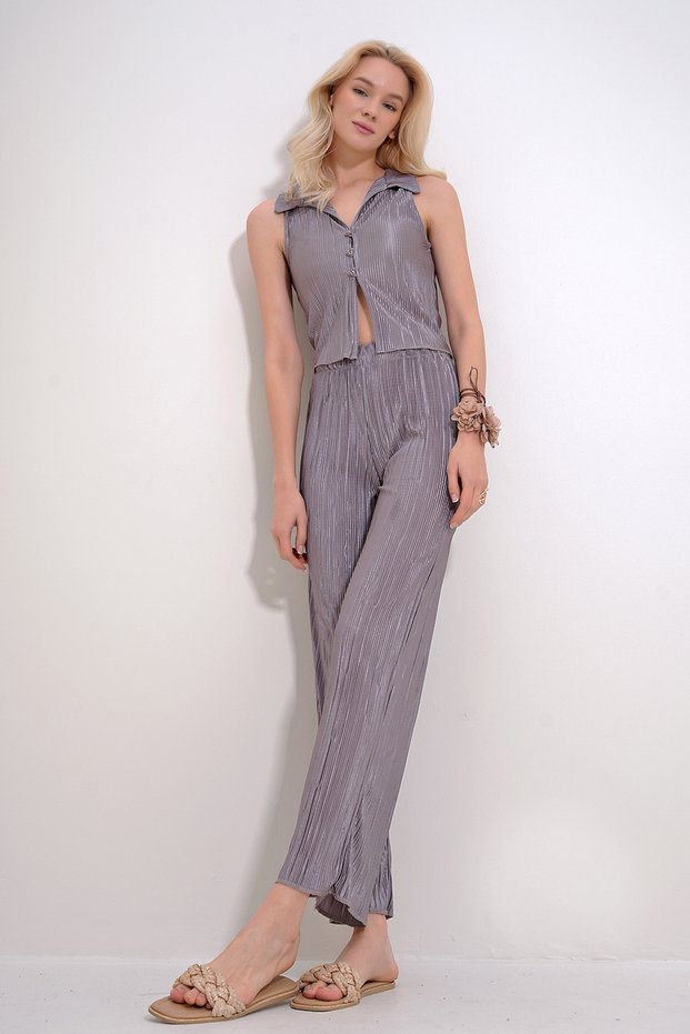 Women's Mink Pleated Shirt and Palazzo Trousers Double Set ALC-X11855