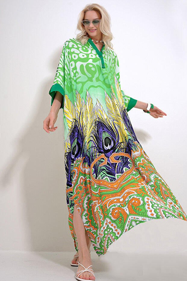Green Hakim Collar Bat Sleeve Patterned Maxi Length Woven Dress with Side Slits Alc-X12013