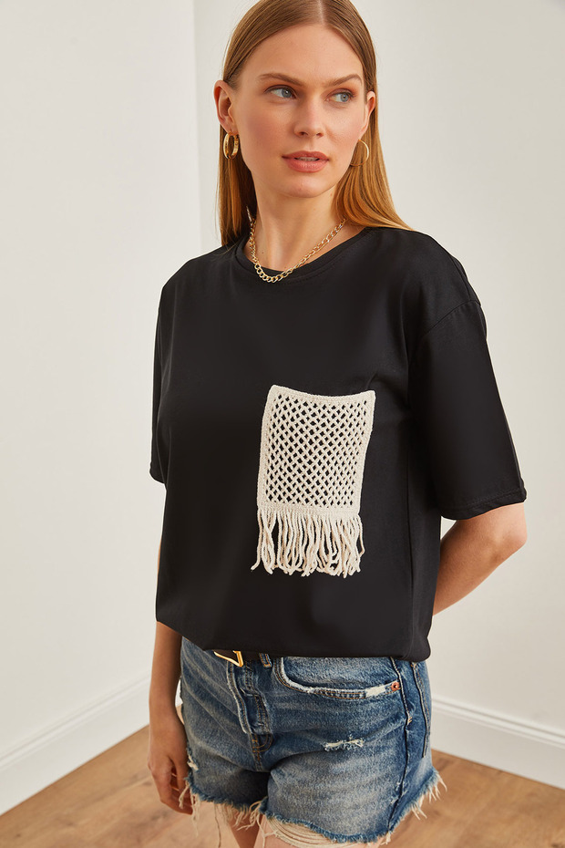 Women's Black Garnished T-Shirt TSH-19000768