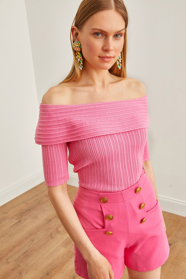 Women's Candy Pink Corded Madonna Collar Seasonal Knitwear Blouse BLZ-19002627