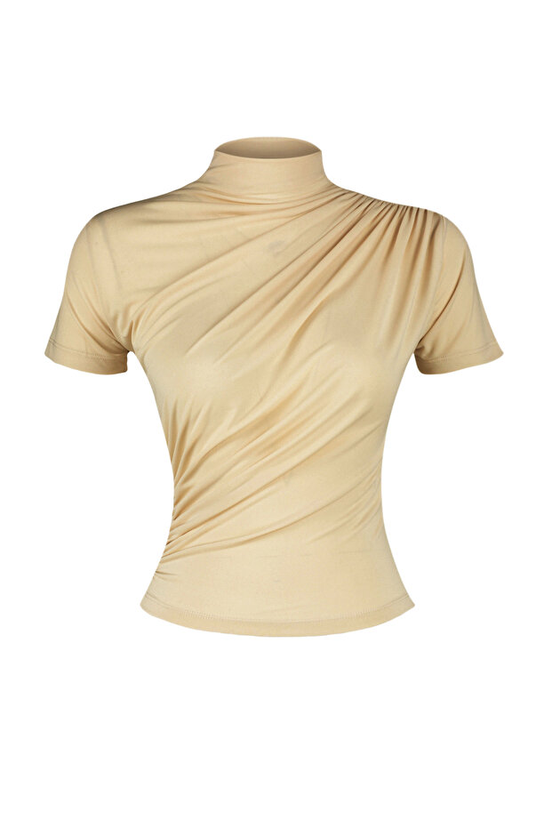 Taş Büzgü/Drape Detaylı Fitted/Vücuda Oturan Kısa Kollu Dik Yaka Esnek Örme Bluz TWOSS24BZ00426 - 7