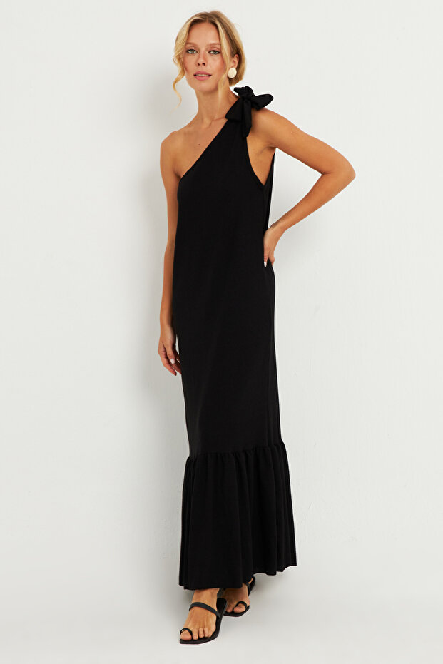 Women's Black Shoulder Bow Wrapped Midi Dress EY2800