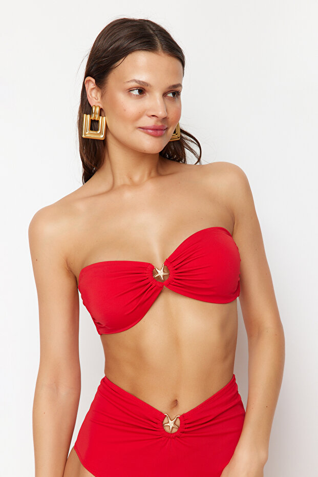 Kırmızı Straplez Kaplı Döküm Aksesuarlı Bikini Üstü TBESS24BU00150 - 3