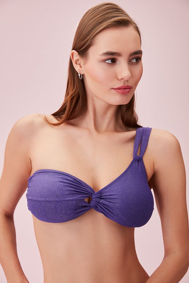 Tek Omuz Drapeli Parlak Bikini Üst - 1