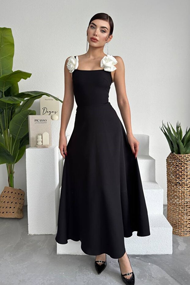Women's Satin Strapless Neck Rose Accessory Design Strappy Black Maxi Evening Dress 258