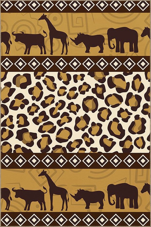 Brown Beige Themed Giraffe Rhino and Elephant Figure Patterned Modern Decorative Carpet 4828