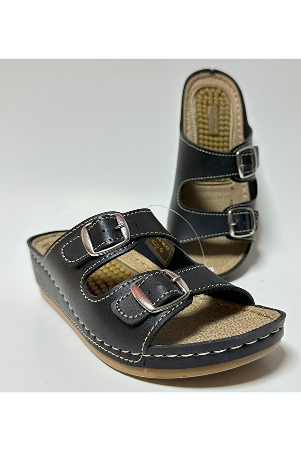 MASSAGE SOLE LEATHER LOOK LIGHTWEIGHT SOFT ADJUSTABLE DOUBLE BUCKLE WOMEN'S HOME AND STREET SLIPPERS