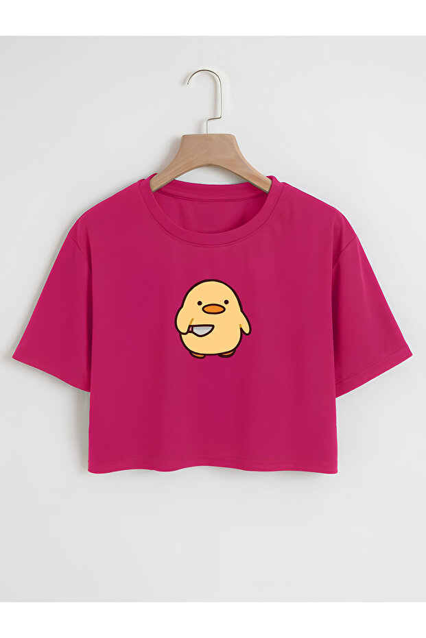 Women's Cute Chick Oversize Crew Neck Printed Crop T-shirt