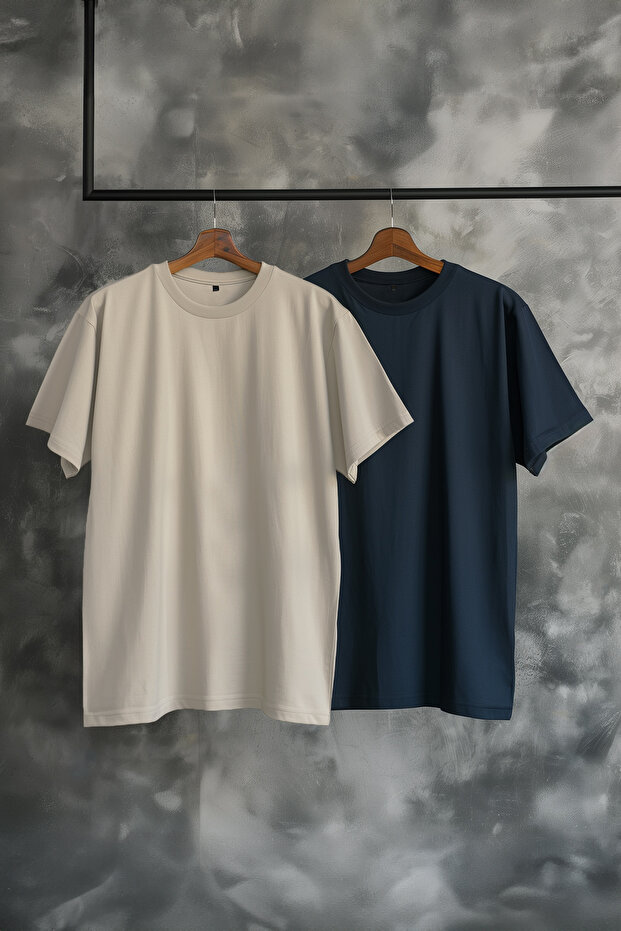 Taş-Lacivert Büyük Beden 2'li Paket Regular/Normal Kesim T-Shirt TMNSS24BF00002 - 1