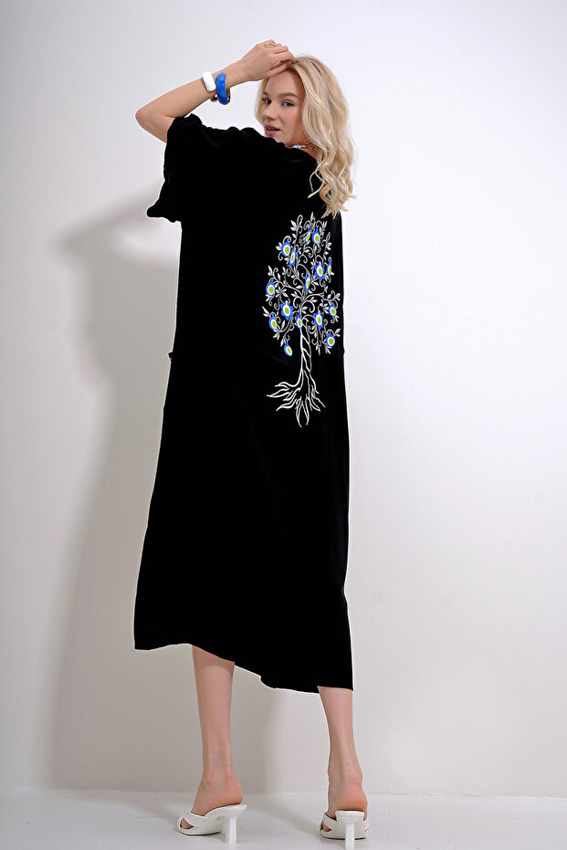 Women's Black Back and Pockets Wishing Tree Printed Buttoned Front Woven Viscose Dress ALC-X12011