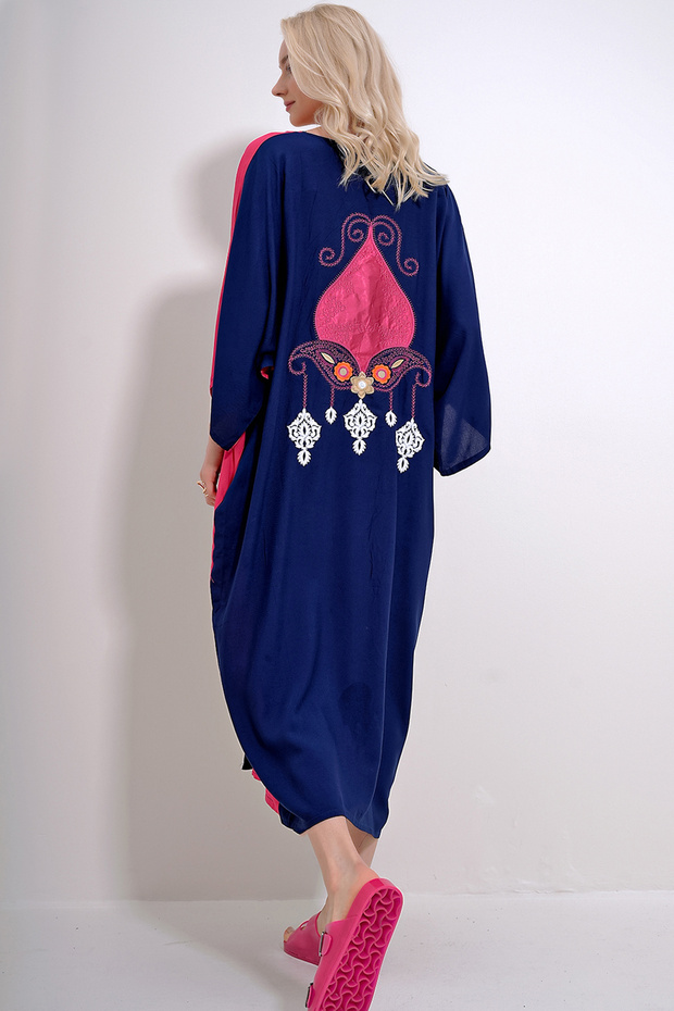 Navy-Fuchsia V-Neck Front Buttoned Color Block Back Embroidered Woven Viscose Dress ALC-X11998