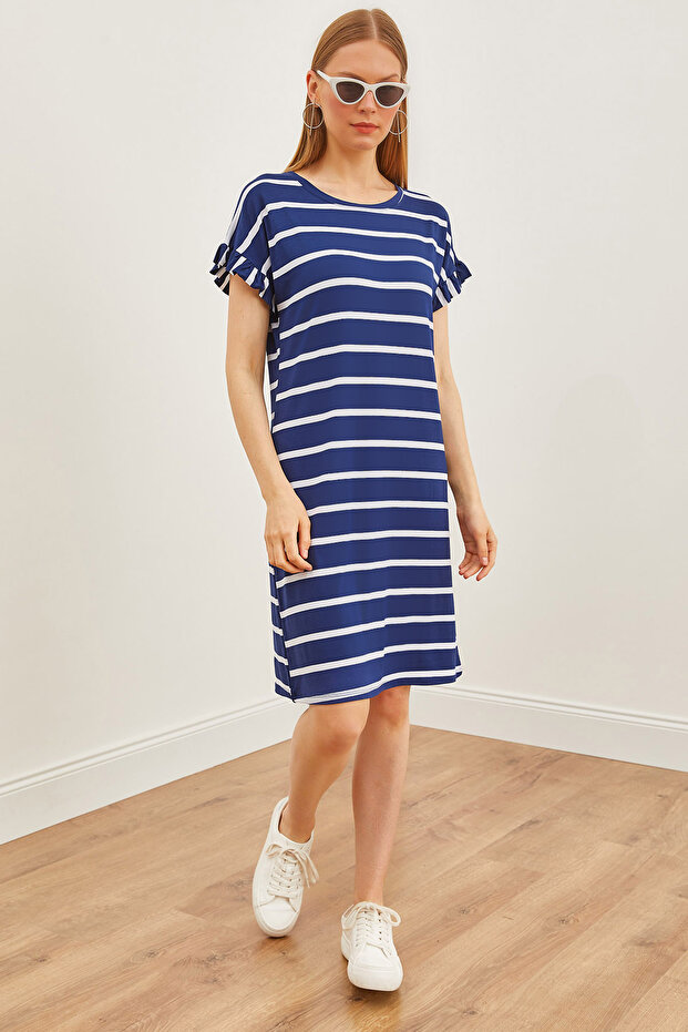 Women's Navy Blue Striped Sleeve Ruffle Knitted Viscose Mini Dress ELB-19002156