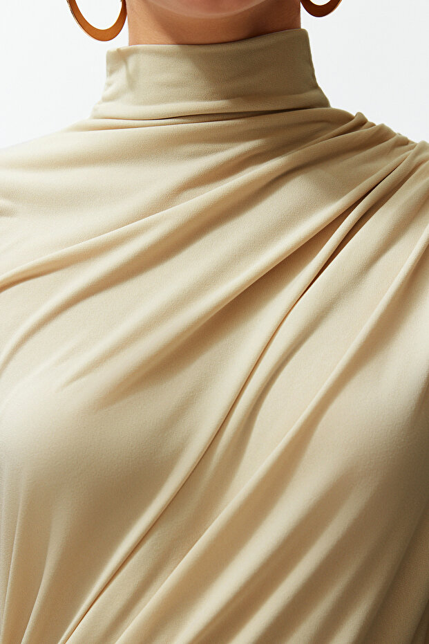 Taş Büzgü/Drape Detaylı Fitted/Vücuda Oturan Kısa Kollu Dik Yaka Esnek Örme Bluz TWOSS24BZ00426 - 4