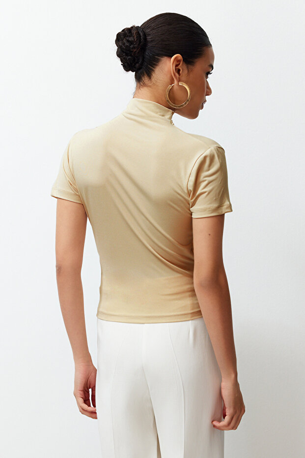 Taş Büzgü/Drape Detaylı Fitted/Vücuda Oturan Kısa Kollu Dik Yaka Esnek Örme Bluz TWOSS24BZ00426 - 6