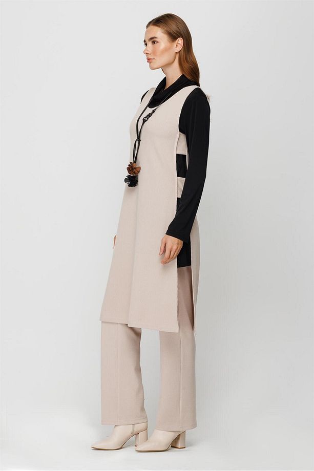 Fitilli Örme Kumaştan Yanları Pencere Detaylı Bluz Tunik Pantolon Kolye Takım Taş - 4