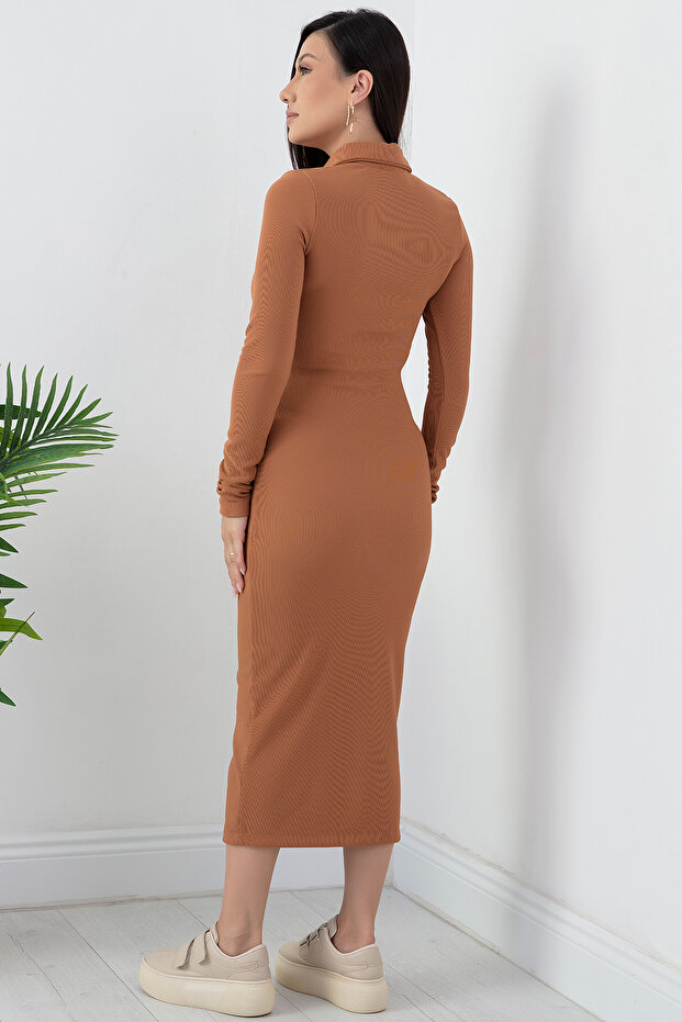 Boydan Düğmeli Büzgülü Elbise 1022-3074 - 7