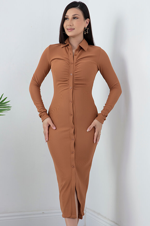 Boydan Düğmeli Büzgülü Elbise 1022-3074 - 3