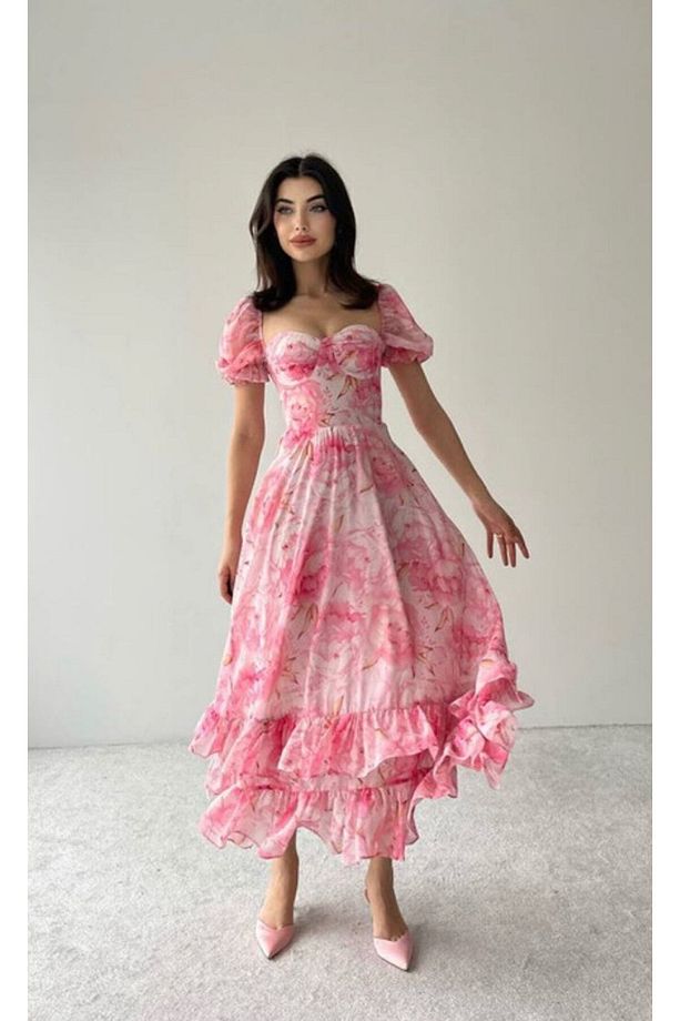 Kadın Pembe Çiçekli Yaz Elbisesi Perla Midi Şifon Elbise - 1