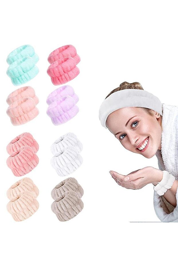 Sade Beyaz Ekstra Soft Banyo Spa Seti 1 Adet Elastik Saç Bandanası 2 Adet Yıkama Bilekliği - 4