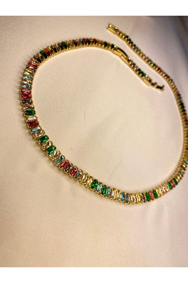 Steel Baguette Stone Colorful Waterway Necklace