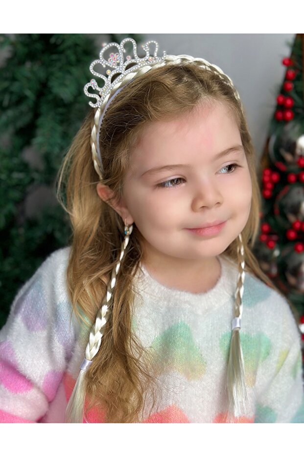 Luxury Princess Queen Embellished Crown with Two Braided Hair Extensions Child Rapunzel Crown Birthday Tiara White