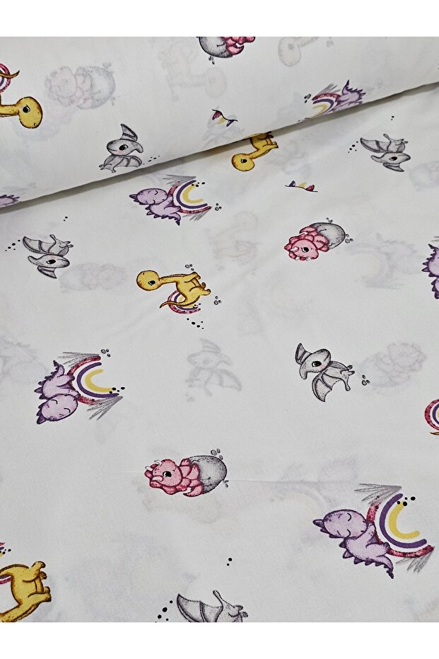 Beybinest Cute Dinosaurs Poplin Akfil Fabric 100% Organic Cotton 240 cm Width