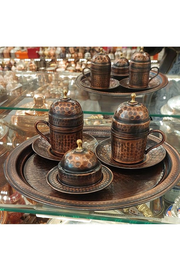 2 Kişilik Fincan Takımı Gümüş - Bakır Osmanlı Dövme Desenli Motifli Türk Kahvesi Kahve Fincanı - 1
