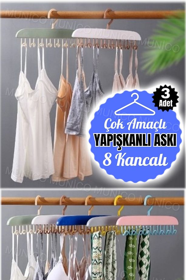 3 Adet 8 Kancalı Şapka Sütyen Şal Elbise Organizeri Kancalı Duvara Yapışabilir Askılık Lif Kese Asma - 3