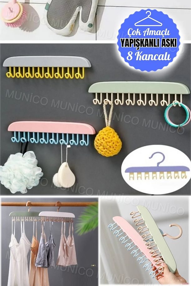 8 Kancalı Şapka Sütyen Şal Elbise Organizeri Kancalı Duvara Yapışabilir Askılık Lif Kese Asma Kalite - 7