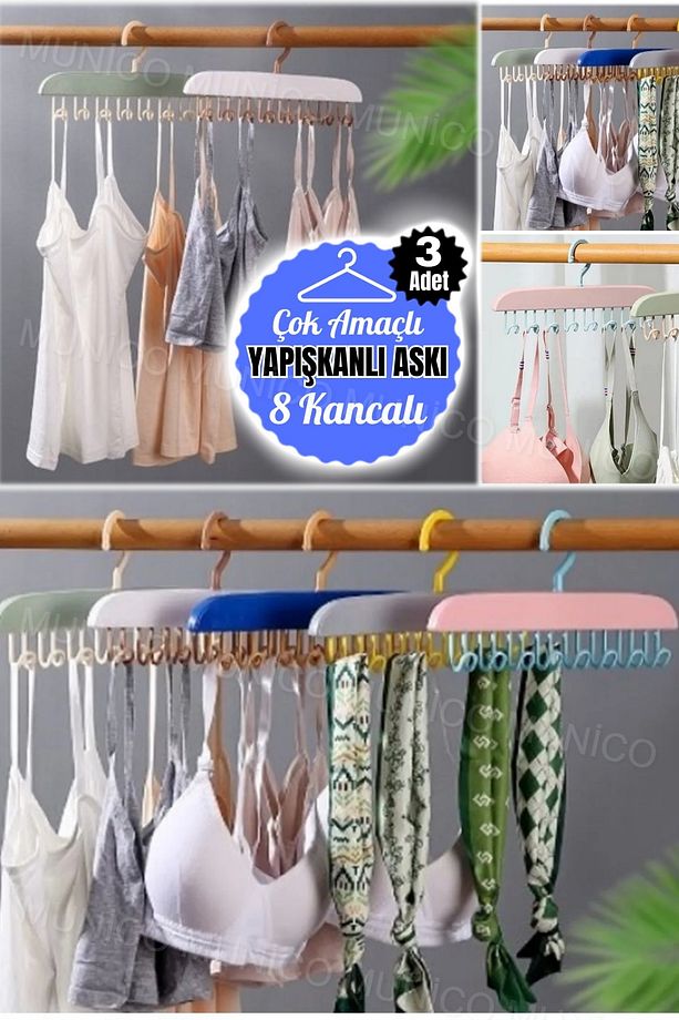 3 Adet 8 Kancalı Şapka Sütyen Şal Elbise Organizeri Kancalı Duvara Yapışabilir Askılık Lif Kese Asma - 4