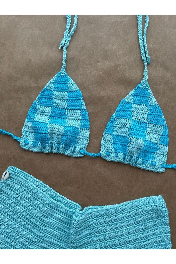 Aislinn Checkered Mavi Yeşil Bikini Şort Takım - 4