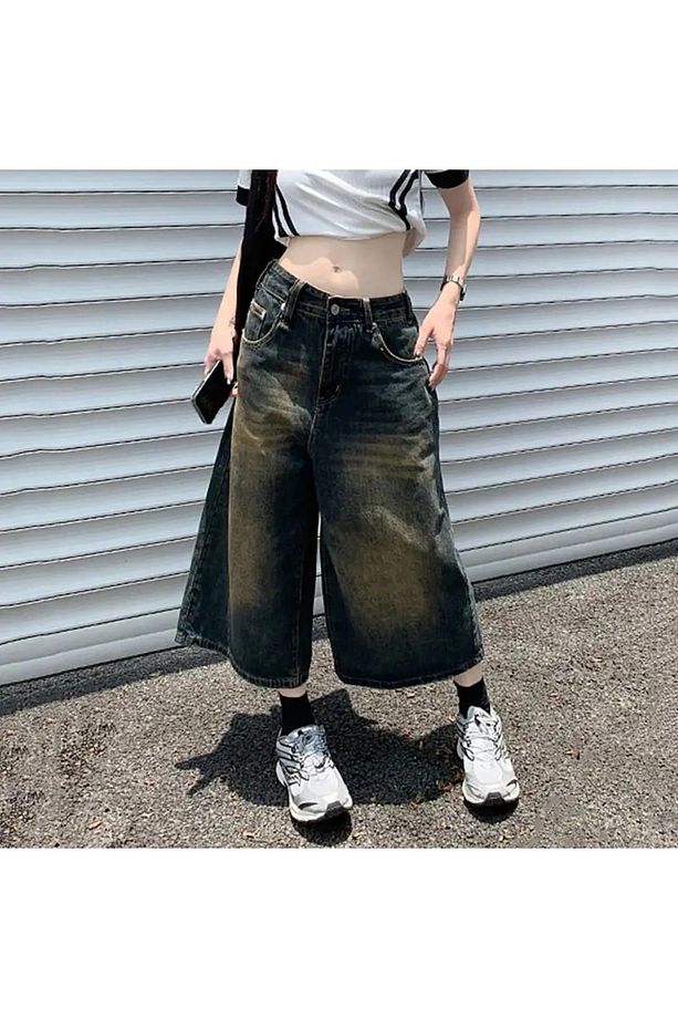 Kahverengi Baggy Oversize Laxed Yıkamalı Unisex Kot Şort - 3