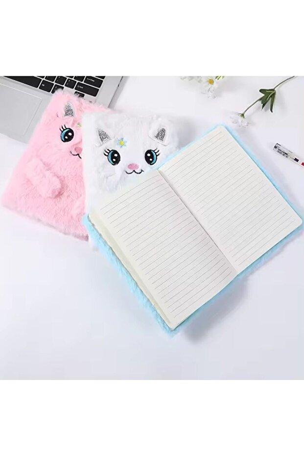 Plush Lined Cat Design Notebook - 3