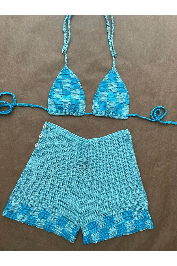 Aislinn Checkered Mavi Yeşil Bikini Şort Takım - 1