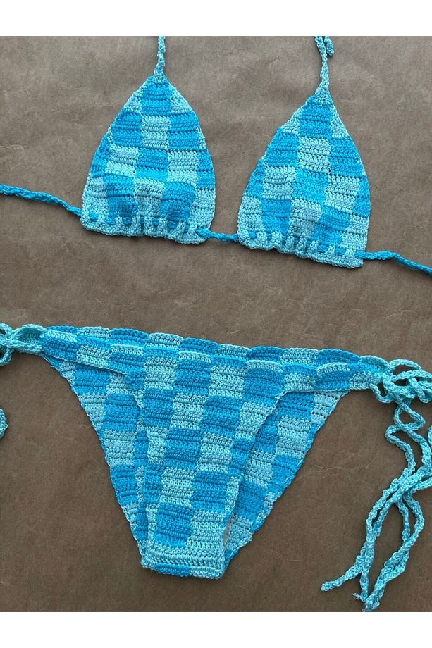Aislinn Checkered Mavi Yeşil Bikini Şort Takım - 6