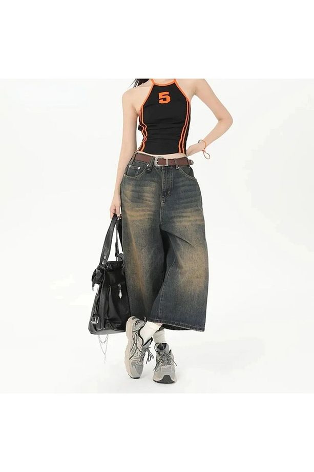Kahverengi Baggy Oversize Laxed Yıkamalı Unisex Kot Şort - 1
