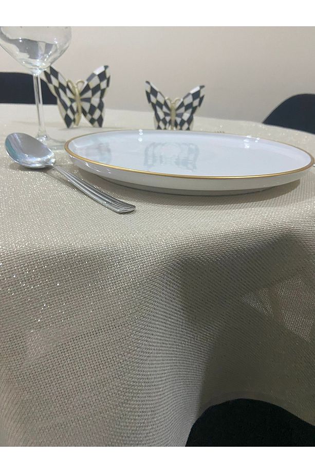 Simli Keten Dertsiz Yuvarlak Masa Örtüsü - 1