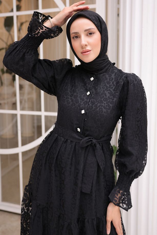 1387 Dantelli Şifon Elbise Siyah - 2