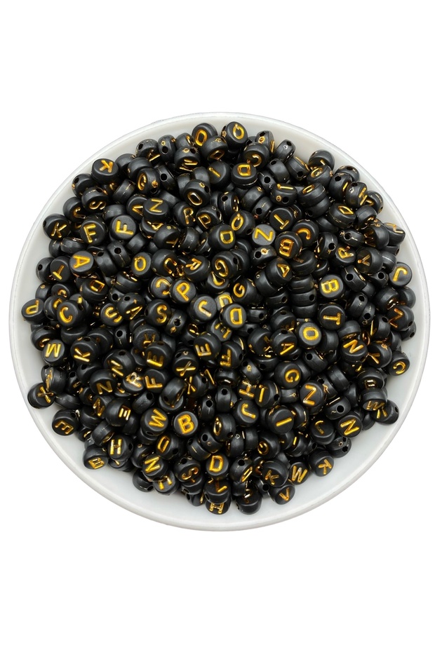 50g Letter Beads, 4x7mm Flat Black with Gold/Gold Plated Beads, Jewelry Beads (50g, ~390 Pieces)