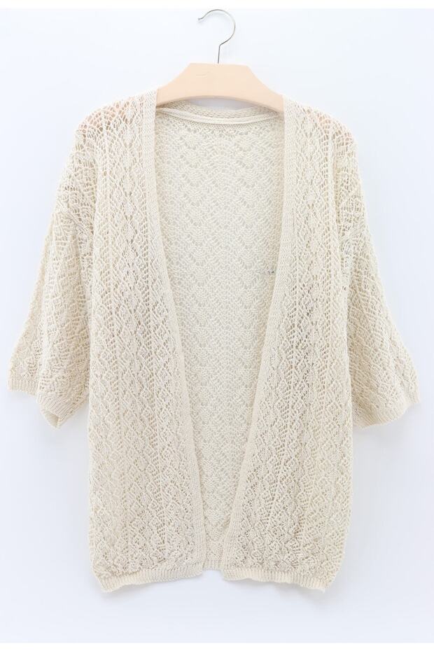 Women's Short Sleeve Cream Seasonal Openwork Cardigan