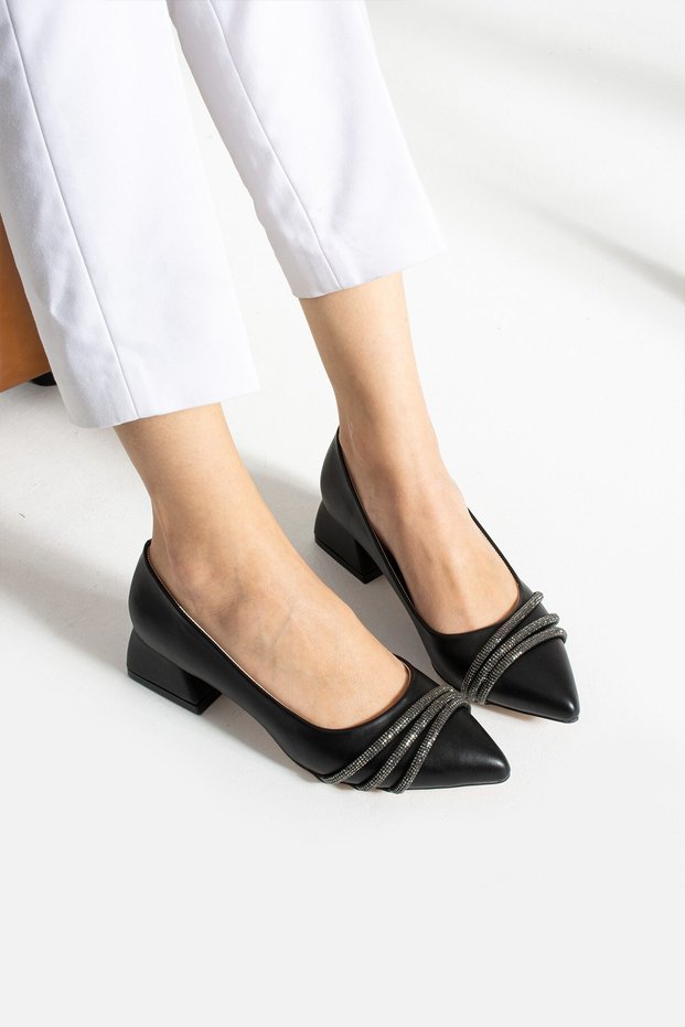 Woman's Low Heel 4 cm Pointed Toe Striped Stone Evening Dress Women's Square Heeled Shoes (36-44)
